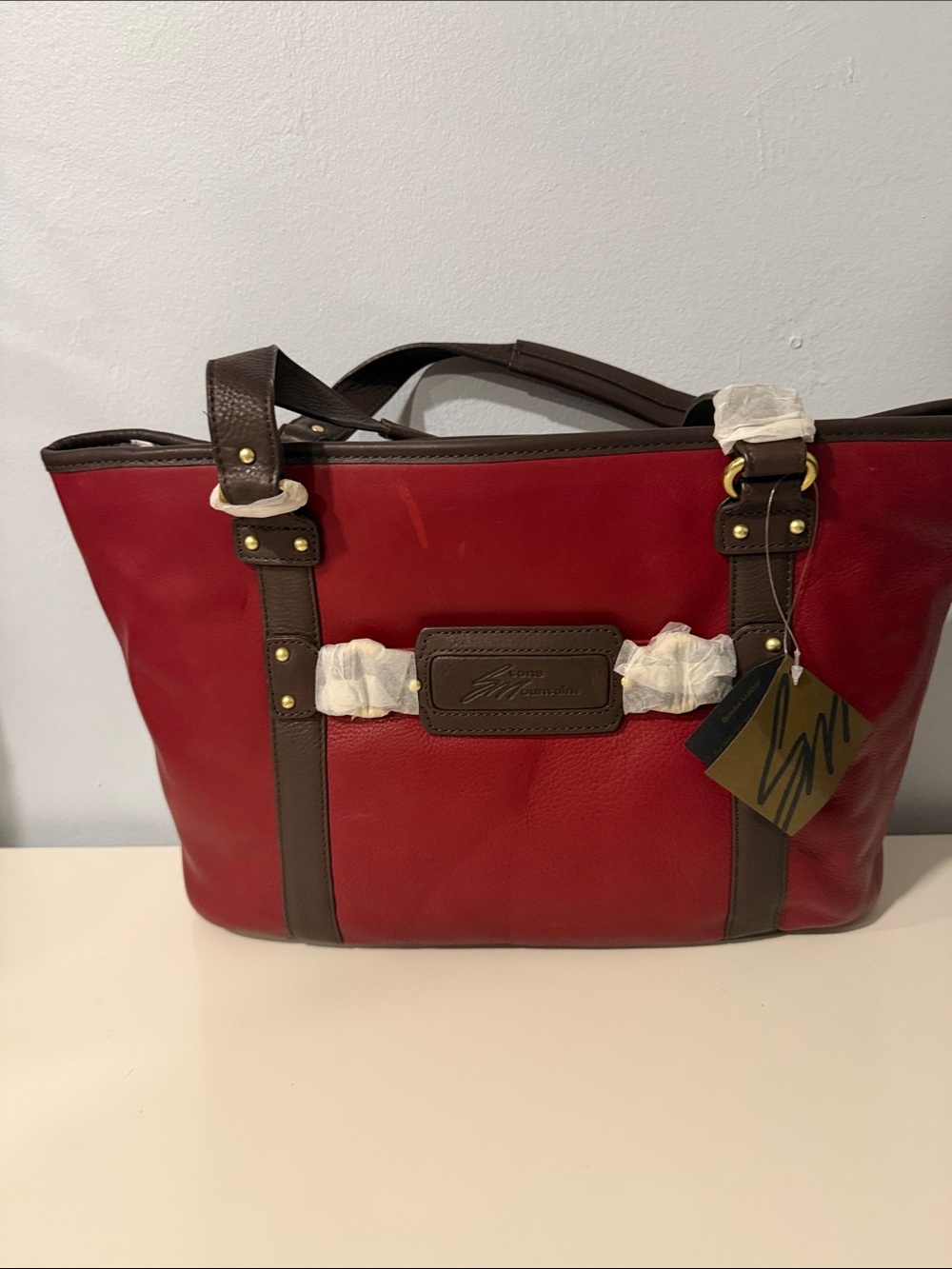 Vintage Stone Mountain Red Leather Tote with Brown Trim - Signature Collection